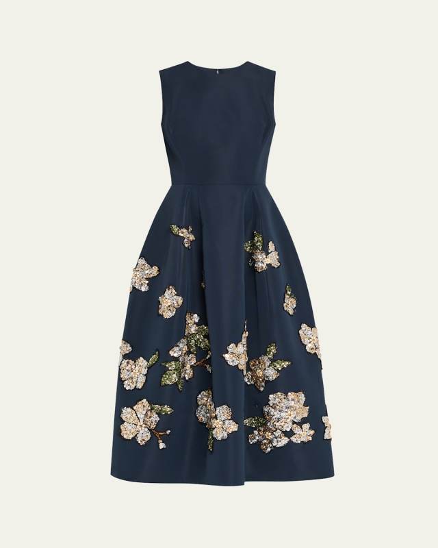 Floral Embroidered Sleeveless Midi Cocktail Dress